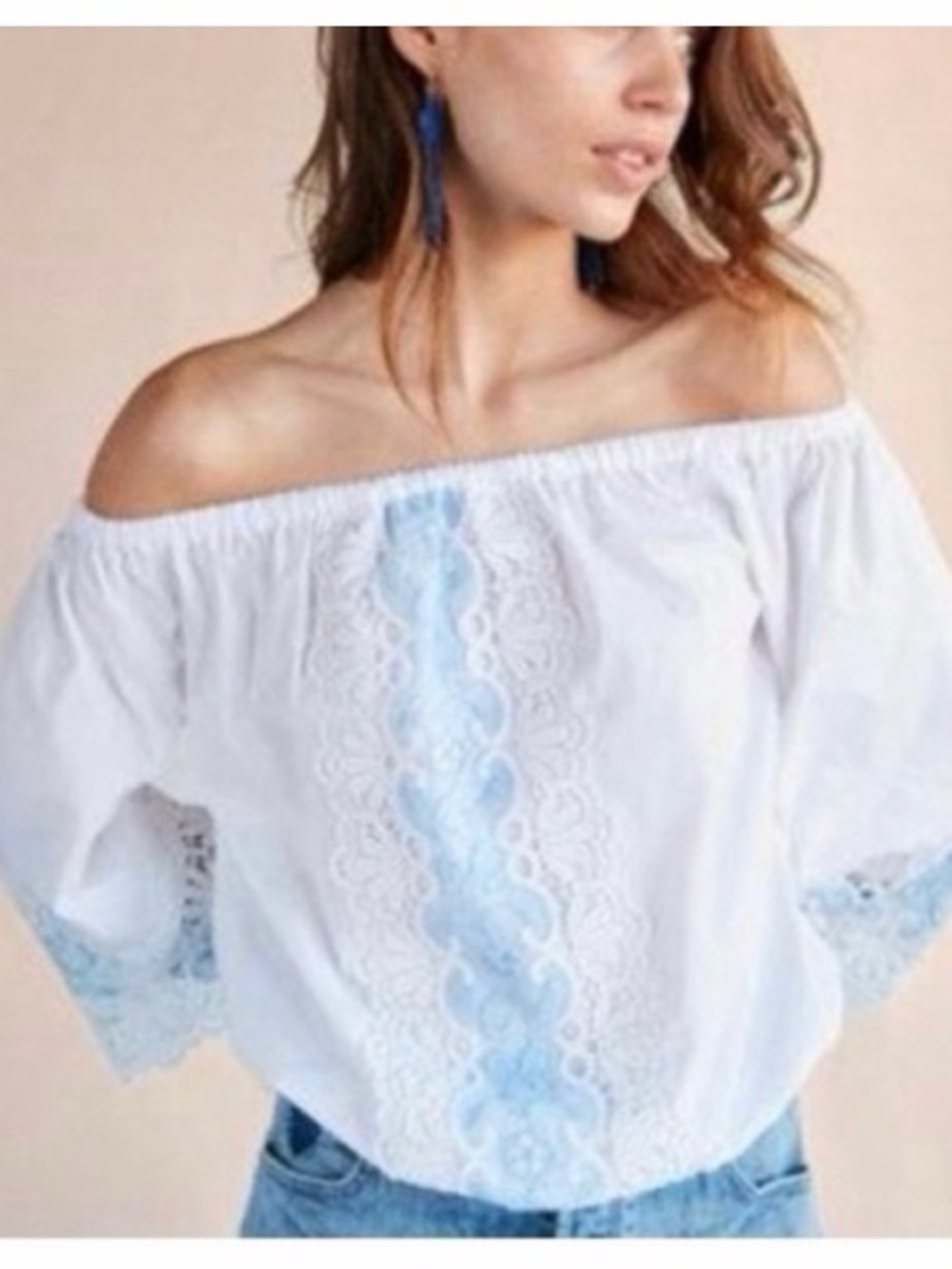 Express Lace Crochet Off The Shoulder Cropped Blouse